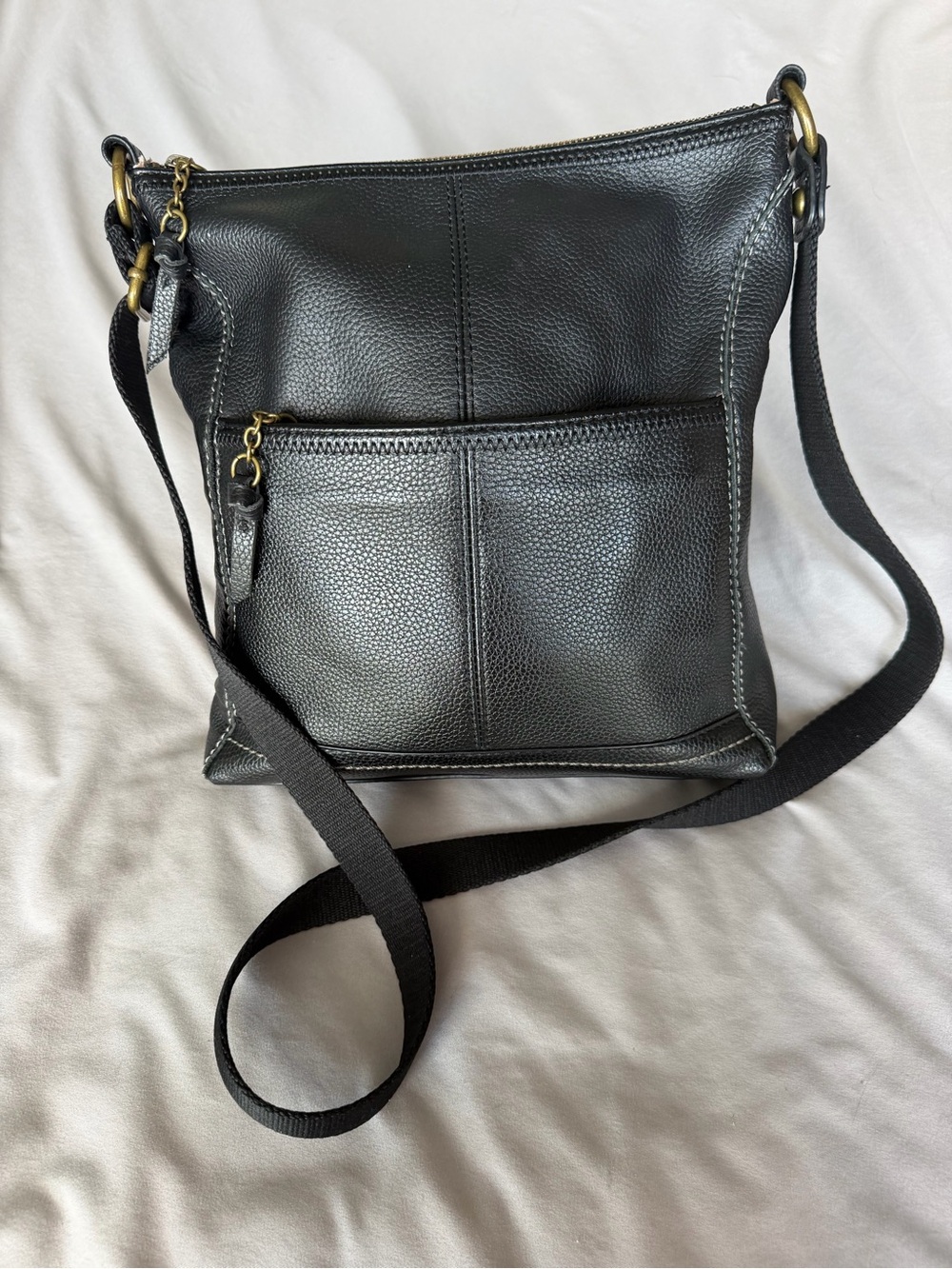 Black Pebbled Leather Crossbody with Front Zip Pocket